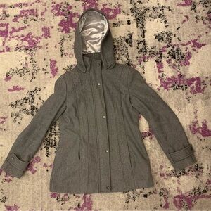 Calvin Klein wool blend jacket, button/ zip up with removable hood.